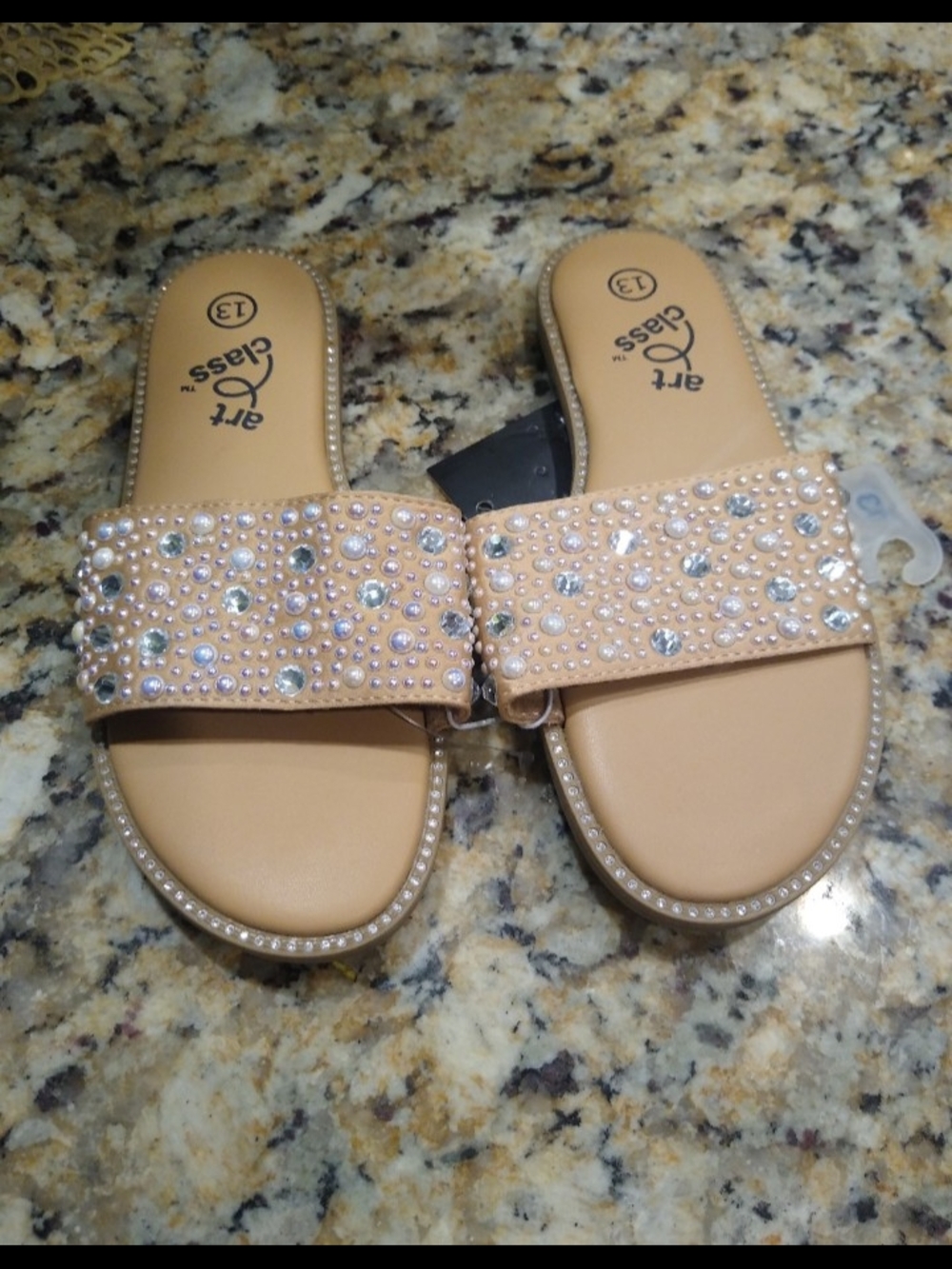 New art class Nude Embellished Slide Sandals